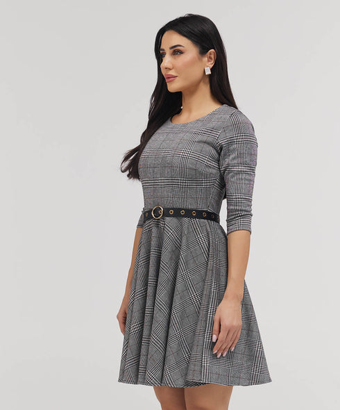 Scoop Neck Gingham Skater Grey Dress
